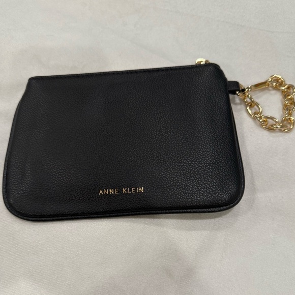 Anne Klein Black Wristlet/Clutch with Gold Accent Letters and Gold Chain Handle - Picture 1 of 6